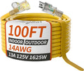 PlugSaf 14/3 Gauge Yellow Outdoor Extension Cord 100 ft Waterproof with Lighted Indicator, Cold Weatherproof -40°C, Flexible 3 Prong Extension Cord Outside,13A 1625W 14AWG SJTW, ETL Listed