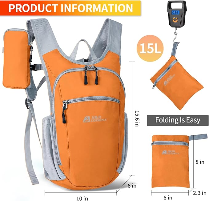 Hiking Backpack 10L/15L Small Daypack Lightweight Packable Travel Foldable Water Resistan for Women Men (Orange, 15L)