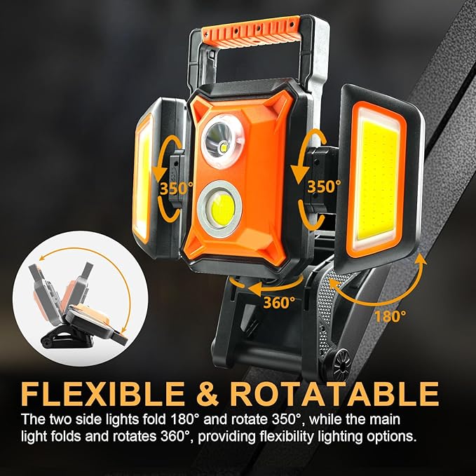 Tresda 4000LM LED Work Light Rechargeable with Clamp, 40W Magnetic Work Light Battery Powered with 5 Light Modes, 350° Rotation, Portable Job Site Lighting for Construction Site,Workshop,Car Repairing