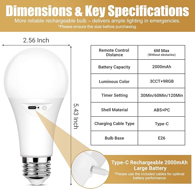 Yochoice 4-Pack Rechargeable Battery Powered Light Bulb, Dimmable A19 Light Bulb with 9 Colors Selectable & 3 Timer, Cordless Bulb for Lamps and Sconce with Remote Control