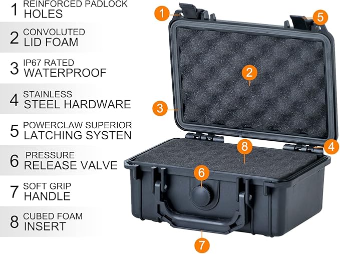 MEIJIA Portable All Weather IP67 Waterproof Protective Case, Hard Case,Camera Case With Customizable Foam,Fit Use of Drones, Cameras,Equipments (Black, 8.12x6.56x3.56inches)