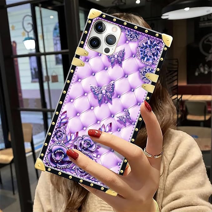 Compatible with iPhone 12 Case, Purple Butterfly Flowers Leaf Luxury Golden Decoration for Girl Women Soft TPU Shockproof Protective Hard PC Back for iPhone 12 Pro