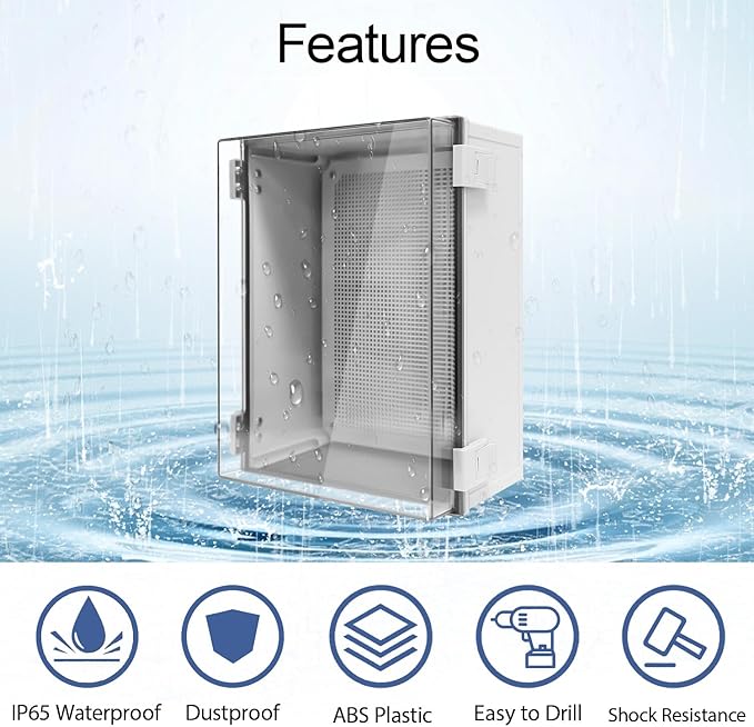 Electrical Box IP65 Waterproof ABS Plastic Enclosure Outdoor and Indoor Project Box Hinged Clear Cover with Mounting Plate Wall Brackets, Outer Dimension 15.7"x 11.8" x 7.1", Grey