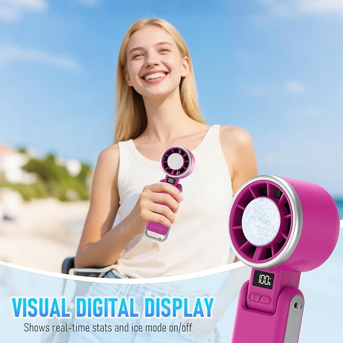 PlayHot Portable Handheld Turbo Fan with Ice Cooling, Rechargeable Personal Fan, Up tp 12Hrs Cooling, 5 Speed 25550RPM Powerful Portable Fan for Travel, Outdoor, Camping, Hiking (Magenta)