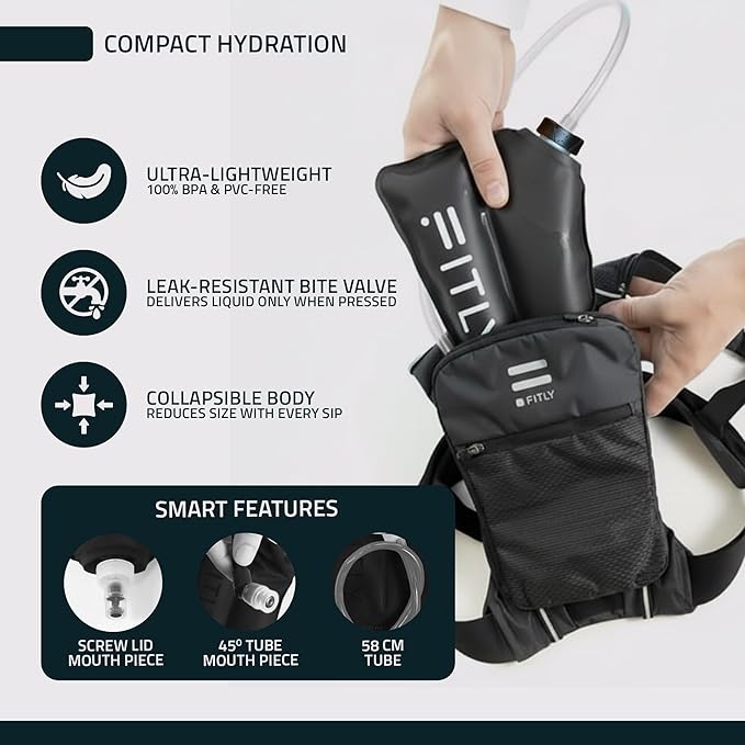 FITLY Soft Flask - Shrink As You Drink Soft Water Bottle for Hydration Pack - Folding Water Bottle Ideal for Running, Hiking, Cycling, Climbing & Rigorous Activity
