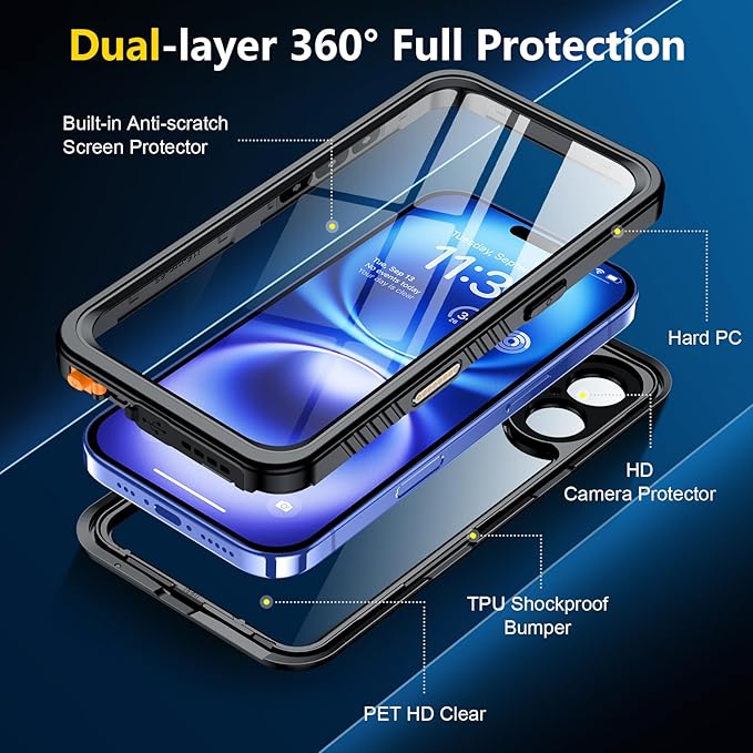SPIDERCASE for iPhone 16 Case with Lanyard, 12FT Military Heavy Duty Rugged IP68 Underwater Full Body Sealed Protection Phone Case 6.1”, [Built-in Camera & Screen Protector], Black/Clear