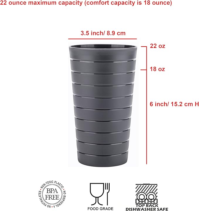 KX-WARE Mixed Drinkware 22-ounce Plastic Tumblers/Drinking Glasses/Party Cups/Iced Tea Glasses Set of 12 Grey Stone | Unbreakable, Dishwasher Safe, BPA Free