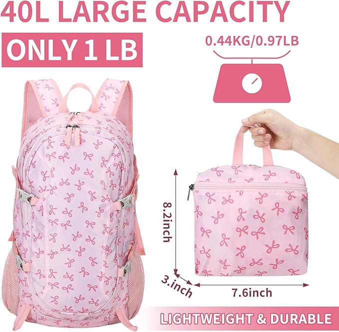 40l Foldable Pink Bow Backpack for Women Pink Waterproof Lightweight Packable Hiking Backpack Coquette Bow Travel Adventure Daypack for Women Gift Camping Travel Business Trip Supply