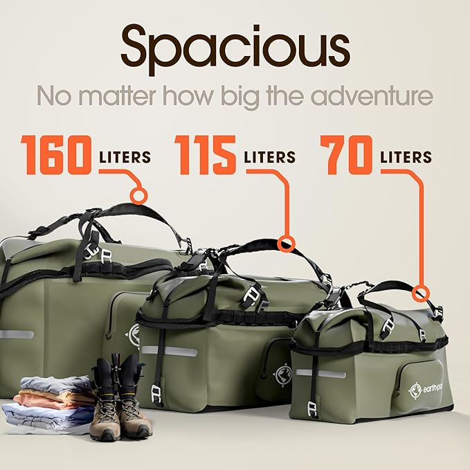 Earth Pak Waterproof Duffel Bag - Large Dry Bag, 1680D TPU, Heavy Duty, Camping & Marine Dry Bag, 8x8 Popout Pocket