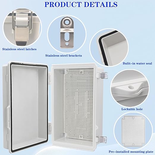 Waterproof Electrical Box with Mounting Plate, IP67 Junction Box Stainless Steel Latch Hinged Grey Cover Project Enclosure with Wall Bracket and 2 Glands 10.2" x 6.3" x 3.9"