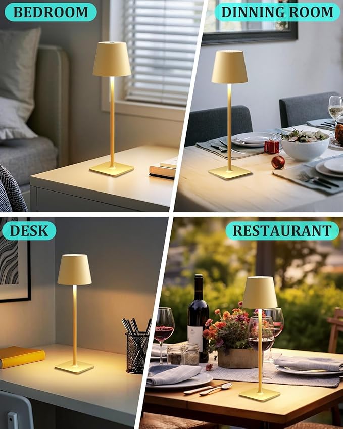 Fizrice Cordless Table Lamp, 6000mAh Battery Operated, 250LM Adjustable Brightness IP65 Height Adjustable - Set of 2 Gold Wireless Lamps for Restaurant Patio Bedside Outdoor Cafe & Home Decor