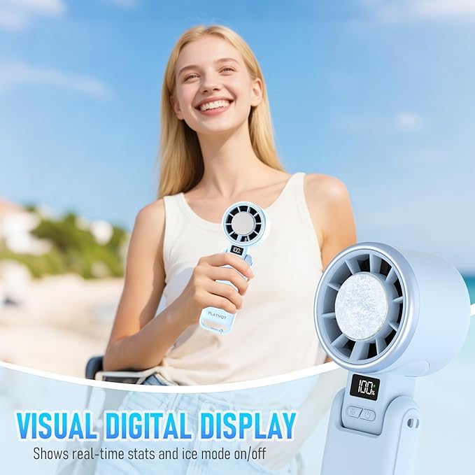 PlayHot Upgraded Portable Handheld Fan with 60°F Ice Cooling, Up tp 12Hrs Personal Fans Portable Rechargeable, 5 Speed 25550RPM Powerful Portables Fan Handheld, Hand/Neck/Desk Fan 3 IN 1(Blue)