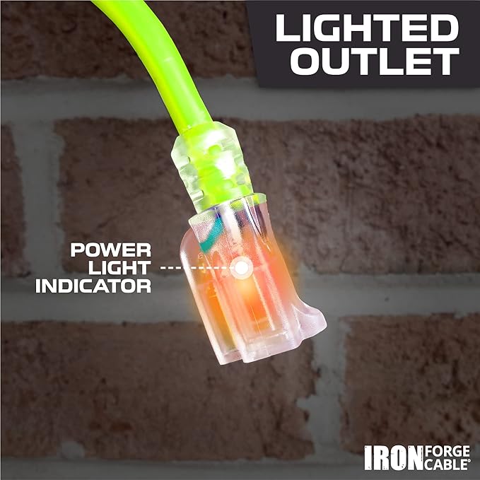 Iron Forge Cable 10 Gauge Extension Cord 10 ft, 10/3 Heavy Duty Extension Cord 3 Prong Lighted End, SJTW Weatherproof Light Green Outdoor Power Cable for Major Appliances, 15 AMP