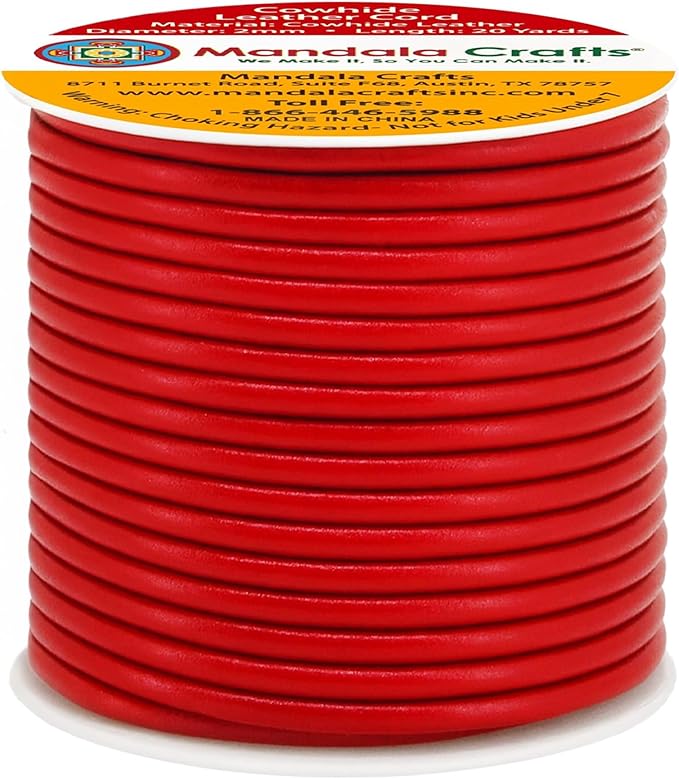 Mandala Crafts Round Cowhide Genuine Red Leather Cord for Jewelry Making Kumihimo Leather Rope Spool - Red String Lace - 20 Yds 2mm Cording