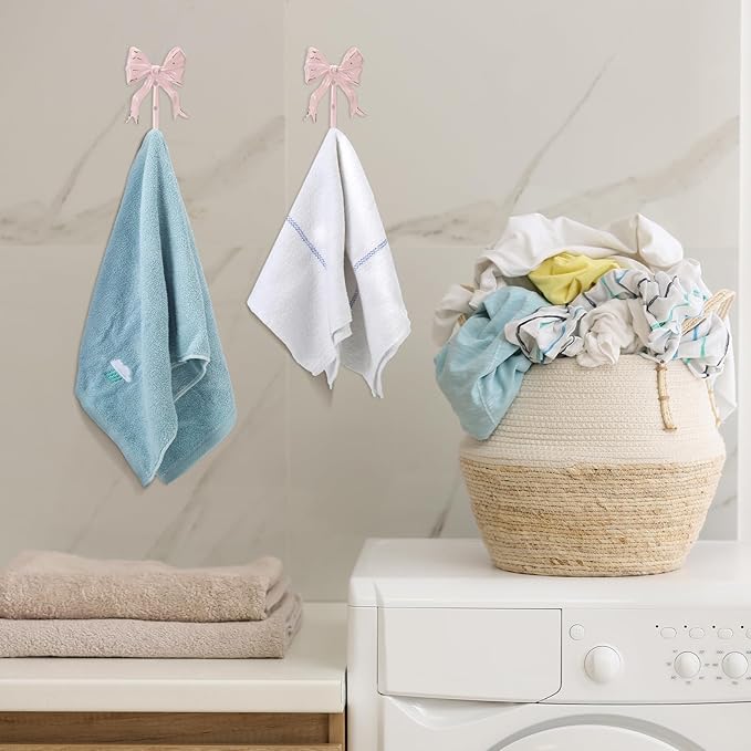 CroBlissful 2 Pcs Coquette Iron Pink Bow Hook Home Decorative Multi-Purpose Knot Wall Hook for Door Hanger Coat Hat Towel for Bathroom Kitchen Living Room Home Decor, 5.31 x 3.74 inch