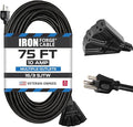 Iron Forge Cable 75 Ft Black Extension Cord with 3 Outlets - 16/3 SJTW 75 Foot Extension Cord 3 Prong, Weatherproof Exterior Power Cable for Outdoor