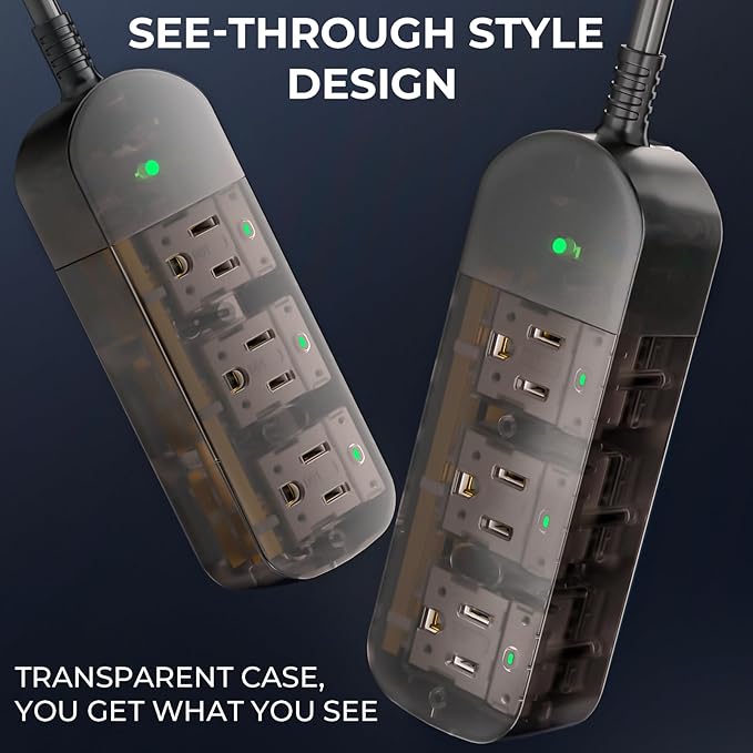 Outdoor Power Strip Weatherproof, Transparent IPX6 Waterproof Surge Protector with 3 Wide Outlets, 1625W/13A, 10FT Extension Cord, Wall Mountable for Indoor Outdoor, UL FCC Listed