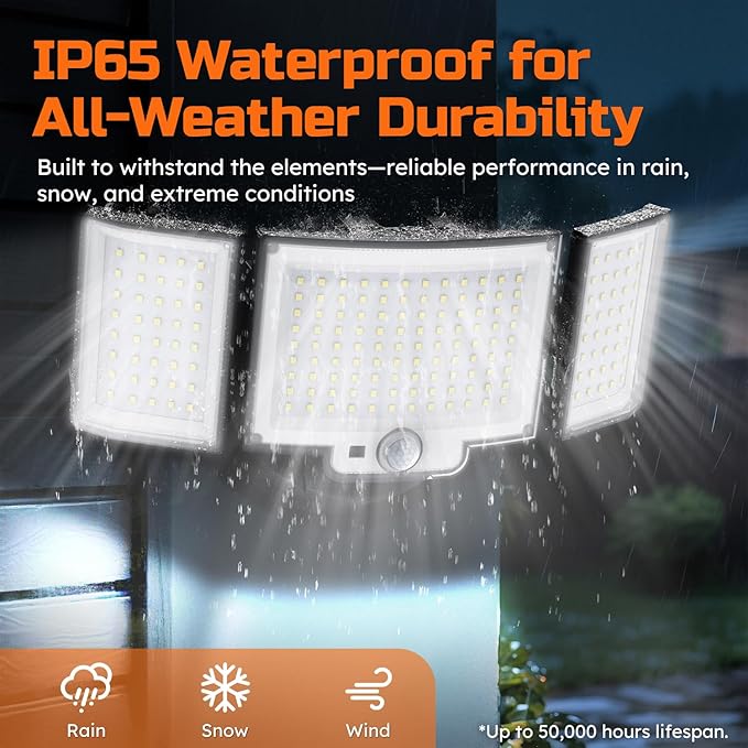 CLAONER LED Security Motion Sensor Outdoor Lights, 6500K Remote Control Floodlights, Dusk to Dawn 20W 3000LM Waterproof 3 Heads Hardwired Flood Light for Driveway, Garage, Porch (1 Pack)