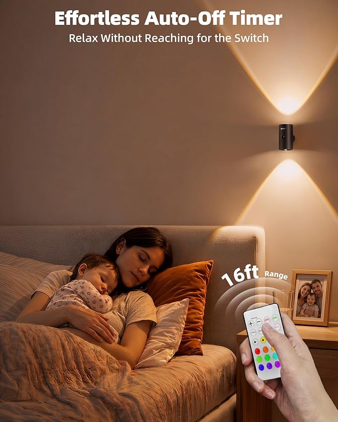 EZVALO Motion Sensor Wall Sconce with Remote, 4000mAh Rechargeable Battery Operated Wall Light, 3 CCT & 12 RGB Colors, Up & Down LED Lighting for Hallway, Stairway (Black, 1 Pack)