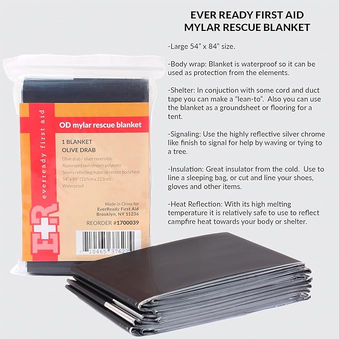 Ever Ready First Aid Mylar Rescue Blanket, Large Olive Thermal Sheet for Emergency and Survival, 54” x 84” – 5 Count