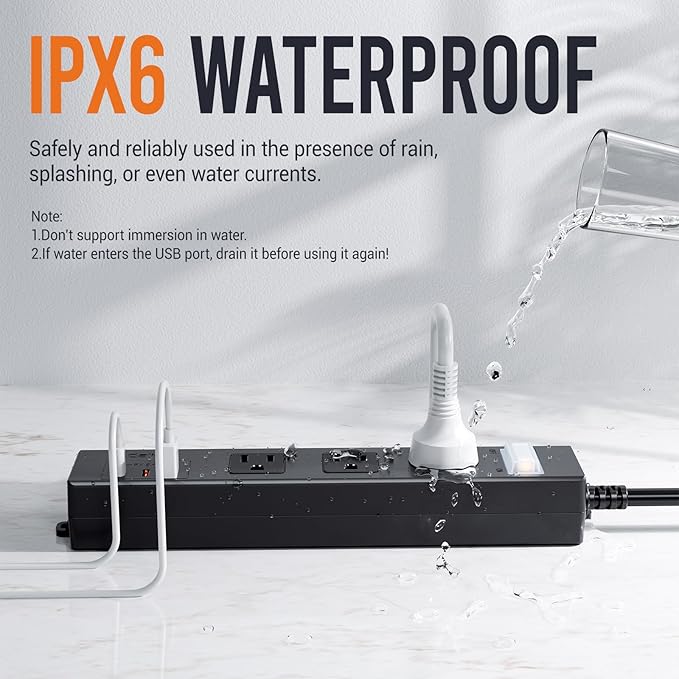 15FT Outdoor Waterproof Power Strip Surge Protector with 3AC Outlets 2 USB-C 1 USB-A Power Switch Safety Lock, ETL Certified for Patio Garden Charging
