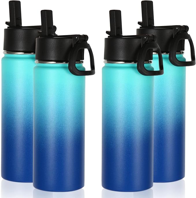 Volhoply 18oz Insulated Water Bottle Bulk 4 Pack,Kids Stainless Steel Water Bottles with Straw Lid,Double Wall Vacuum Metal Cups,Wide Mouth Reusable Sports Flask Keep Hot and Cold(Green Blue,4 Set)