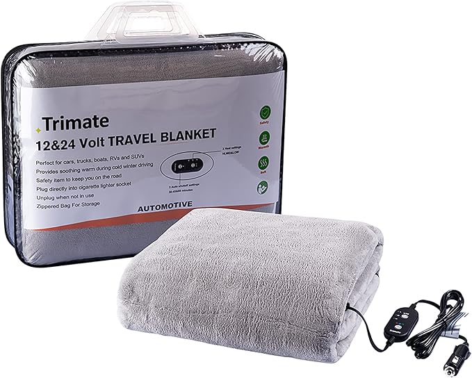 Electric Car Heating Blanket Plush 3 Heat Settings, Auto Shutoff, Washable, 55 X 40, Plugs into Cars 12v and Trucks 24v Outlet, Great for Cold Weather, Tailgating, Emergency Kits, Gray