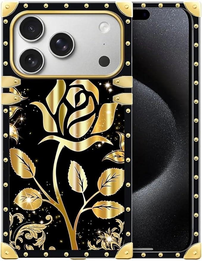 for iPhone 17 Pro Case Luxury Golden Decoration for Girl Women Soft TPU Shockproof Protective Hard PC Back for iPhone 17 Pro Crazy Pattern Shine Gold Rose
