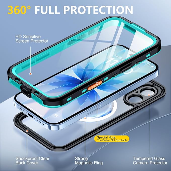 Red2Fire for iPhone 17 Case Waterproof, [Built-in Screen Protector & Camera Protector][Compatible with MagSafe][Full Body Shockproof][IP68 Waterproof][Dustproof] Phone Case 6.3" Blue/Clear