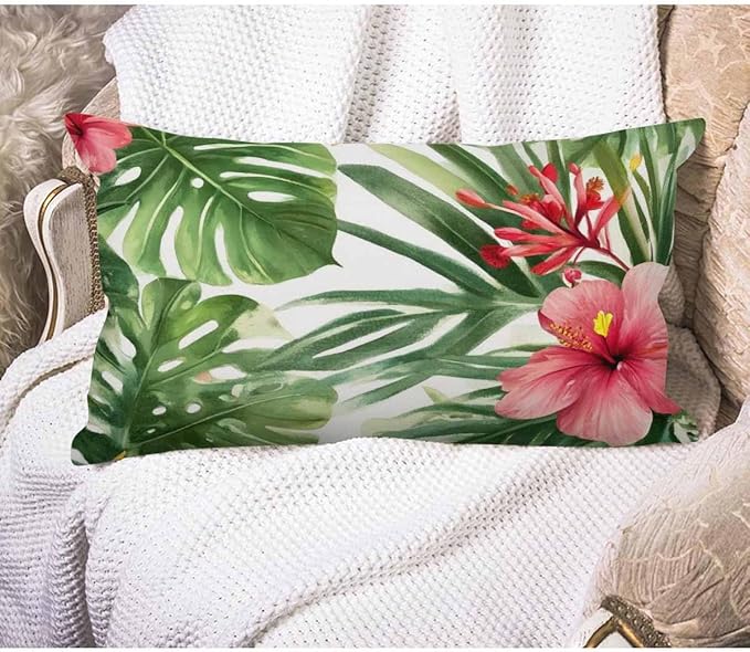 EKOBLA Watercolor Tropical Floral Pillow Cover Hawaii Palm Tree Hibiscus Square Cotton Linen Decorative Cushion Case for Couch Sofa Chair Bed 12x20 Inches