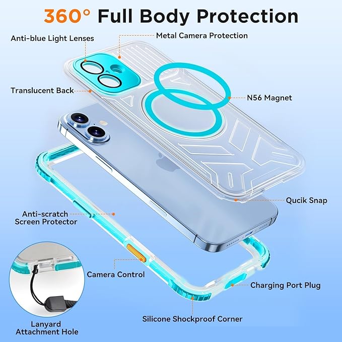 WIFORT for iPhone 16 Plus Waterproof Case, [IP68 Underwater] [Blue Light Filter Lens] [15FT Military Shockproof], Fit for Magsafe Full Body Magnetic Frosted Phone Case with Lanyard, 6.7" Teal