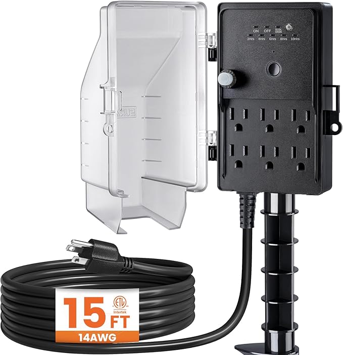 SURAIELEC Outdoor Power Stake, Dusk to Dawn Light Timer, 15FT Extension Cord Multiple Outlet, 6 Electrical Outlets Power Strip Weatherproof for Patio Light, Garden, Christmas Decoration, Outdoor Light