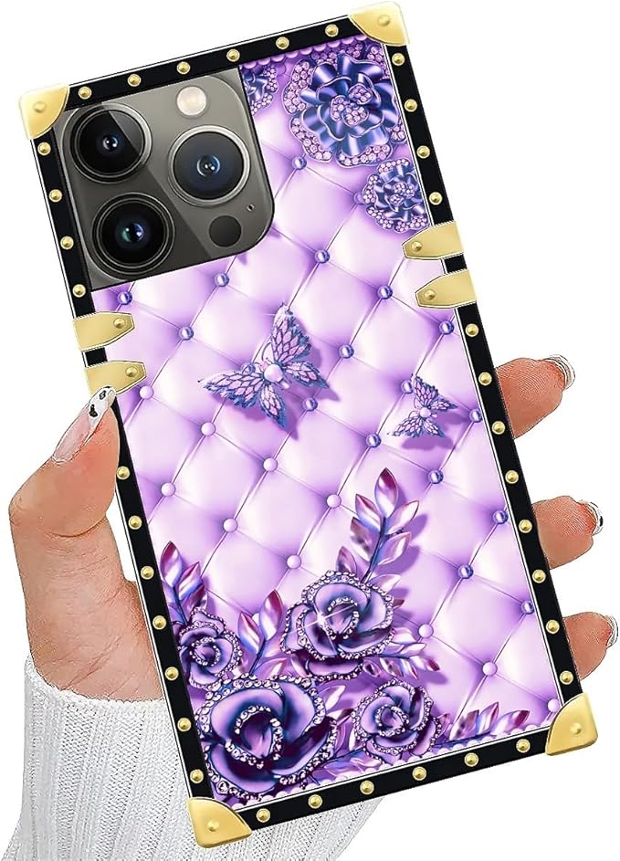 Compatible with iPhone 15 Pro Max Case, Purple Butterfly Flowers Leaf Luxury Golden Decoration for Girl Women Soft TPU Shockproof Protective Hard PC Back for iPhone 15 Pro Max