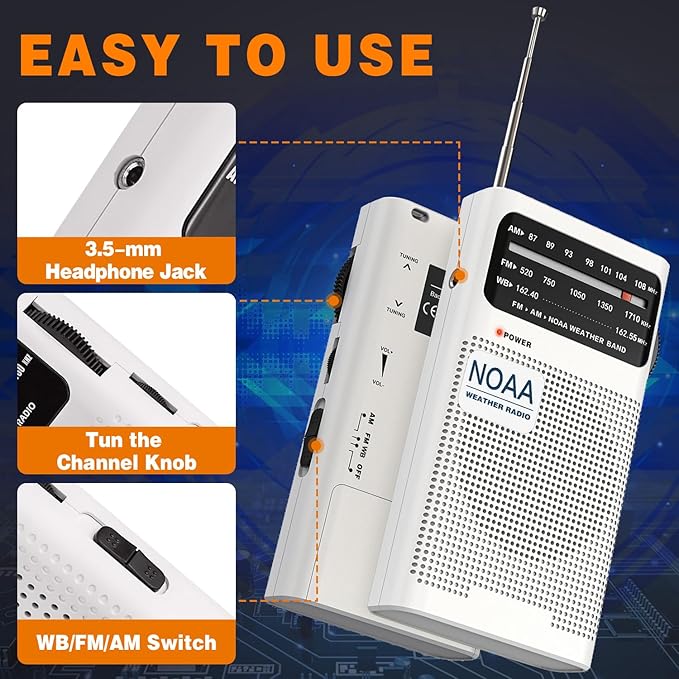 Goodes NOAA Weather Radio, AM FM NOAA Emergency Radio Portable with Best Reception, Headphone Jack, Powered by 2 AA Battery, Transistor Radios Battery-Operated for Emergency, Hurricane, Home(White)