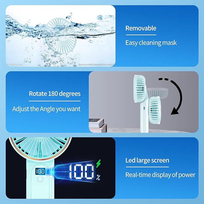 Peiyuu Portable Fan, 4000mAh USB Rechargeable, 180° Foldable Mini Desk Fan with 6 Wind Speed, LCD Digital Display, Lanyard as Neck Fan, Ultra Quiet