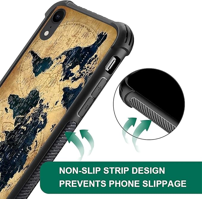 for iPhone XR Case, Brown World Map Pattern Graphic Design Girl Boy Soft Silicone Hard Acrylic Shock Protection for iPhone XR