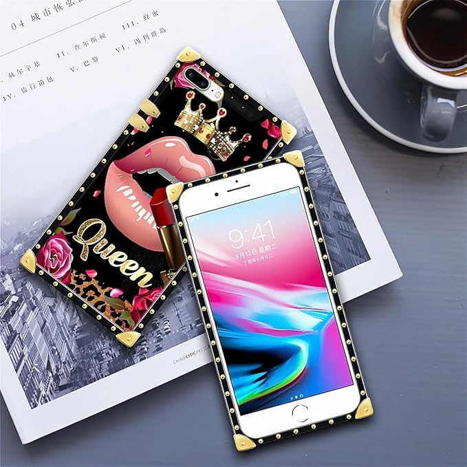 Compatible with iPhone 8 Plus 7 Plus Case, Glitter Red Rose Queen Leopard Lipstick Luxury Golden Decoration for Girl Women Soft TPU Shockproof Protective Hard PC Back
