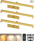 EZVALO 16" Picture Lights for Wall, Rechargeable 6000mAh Painting Lights with Remote, Wireless Dimmable 3 Color Temperatures Art Lights for Gallery, Living Room, Hallway (Gold, 3 Pack)