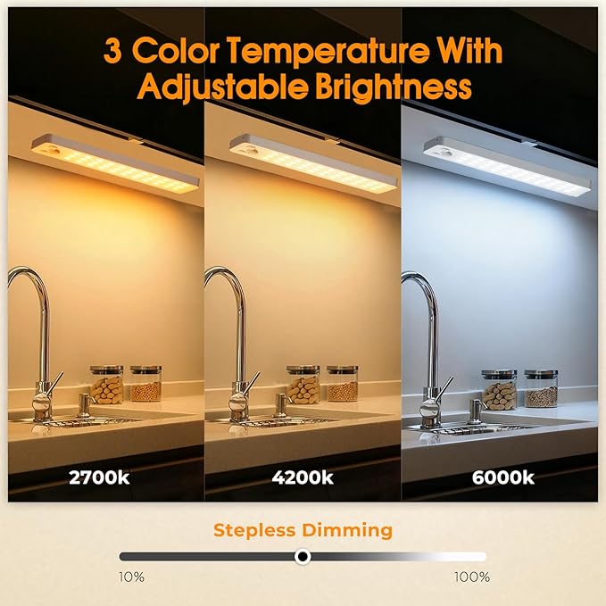 Under Cabinet Rechargeable Dimmable Lighting: 3 Color Temperature Motion Sensor Lights Indoor - Battery Operated Lights - Activated Closet Magnetic Wireless Led Light for Kitchen Home Bathroom 5 Pack