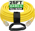 POWGRN 25 Ft 10AWG Outdoor Extension Cord Waterproof Heavy Duty 10 Gauge 3 Prong, Flexible Cold-Resistant Power Cord Indoor & Outside with Lighted Indicator End, 15Amp 1875W SJTW Yellow ETL Listed