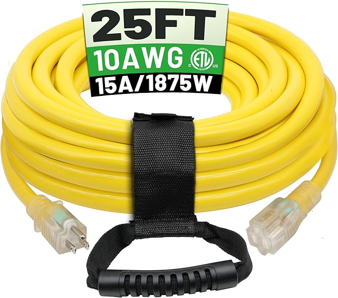 POWGRN 25 Ft 10AWG Outdoor Extension Cord Waterproof Heavy Duty 10 Gauge 3 Prong, Flexible Cold-Resistant Power Cord Indoor & Outside with Lighted Indicator End, 15Amp 1875W SJTW Yellow ETL Listed