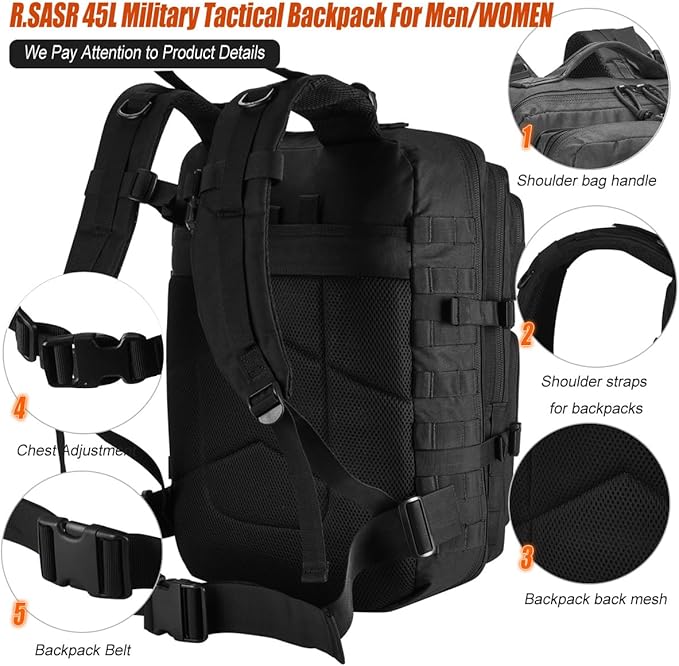 45L Tactical Backpack for Men Women, Military Assault Pack with MOLLE, Large 3 Day Bug Out Bag for Hiking Camping