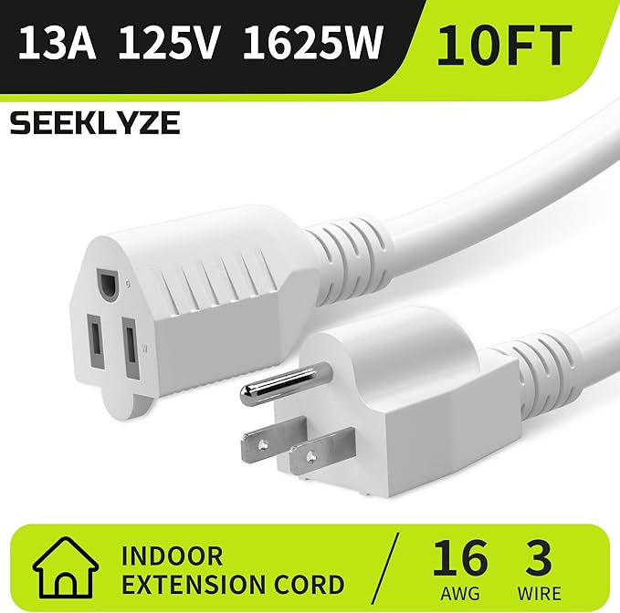 16/3 White Extension Cord 10 FT, Indoor Extension Cord for Laptops, Coffee Makers, Office Home Appliances, 3 Prong Resistant Cable Flexible, 13A 125V 1625W ETL Listed