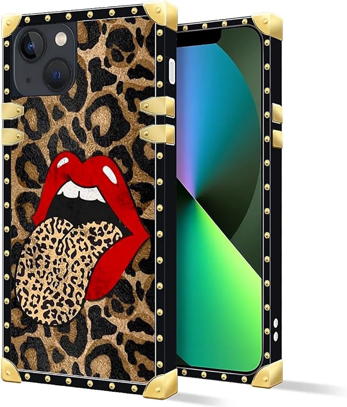 Compatible with iPhone 13 Case, Brown Leopard Print Mouth Luxury Golden Decoration for Girl Women Soft TPU Shockproof Protective Hard PC Back for iPhone 13