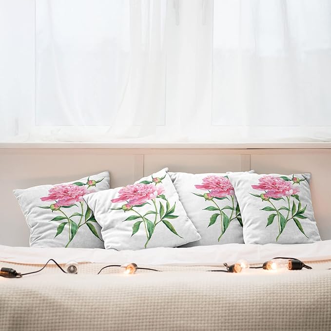 Ambesonne Watercolor Flower Throw Pillow Cushion Case Pack of 4, Vintage Peony Painting Botanical Spring Garden Flower Nature Theme, Modern Accent Double-Sided Digital Printing, 18", White Pink