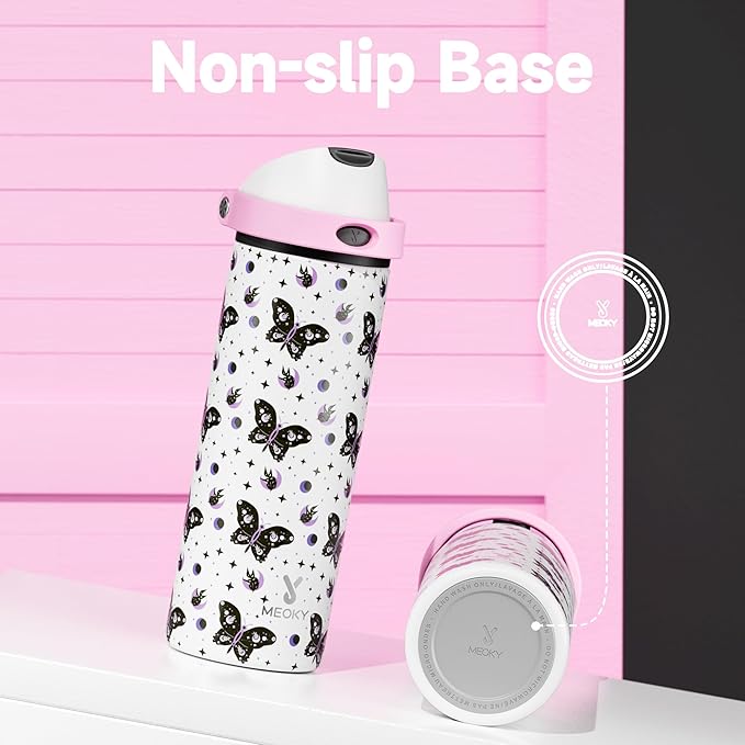24 oz Insulated Water Bottle with Straw: Meoky Stainless Steel Metal Water Bottle with 2-in-1 Lid - Leak Proof, Cold for 24 Hours, Protective Silicone Base, BPA-Free for Sports Travel Car, Nocturne