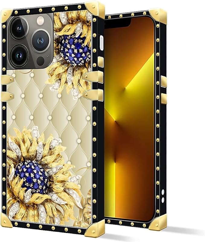 Compatible with iPhone 13 Pro Case, Sunflower Diamonds Leather Luxury Golden Decoration for Girl Women Soft TPU Shockproof Protective Hard PC Back for iPhone 13 Pro