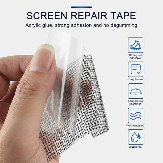 SANKEMU Window Screen Repair Kit 2 in X 16.5FT 3-Layer Strong Adhesive & Waterproof Tape Fiberglass Covering mesh, Repair for Window Screen and Screen Door tears Holes