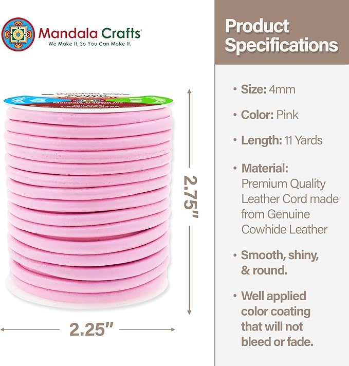 Mandala Crafts Round Genuine Pink Leather Cord for Jewelry Making – 4mm Cowhide Leather Rope String Lace for Kumihimo – 11 Yards Cowhide Craft Cording Spool