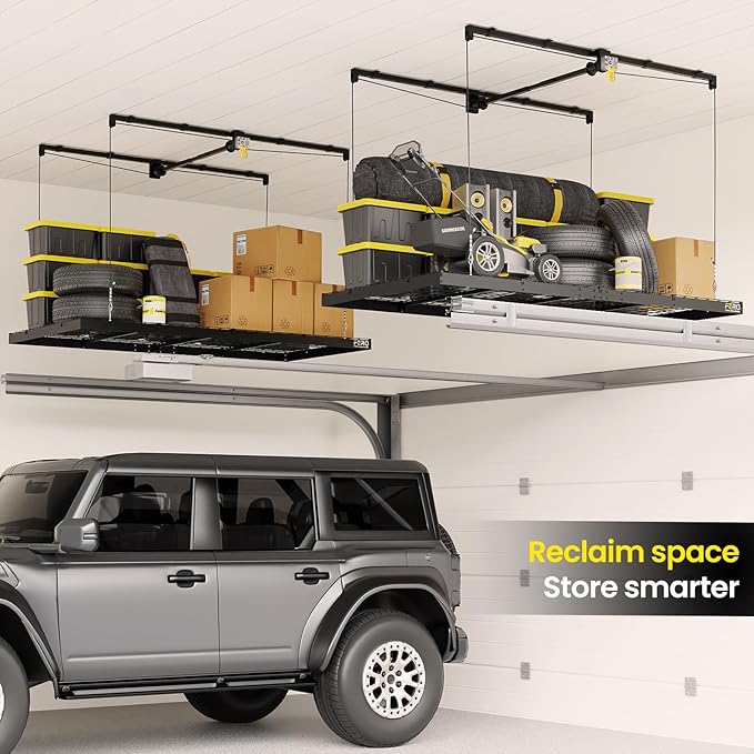 FERO Overhead Garage Storage Rack, 500 lb Capacity, 4x8 FT Garage Ceiling Storage Rack with Safety Lock, Heavy-Duty Ceiling Mounted Lift System, Drop-Down Garage Ceiling Organizer